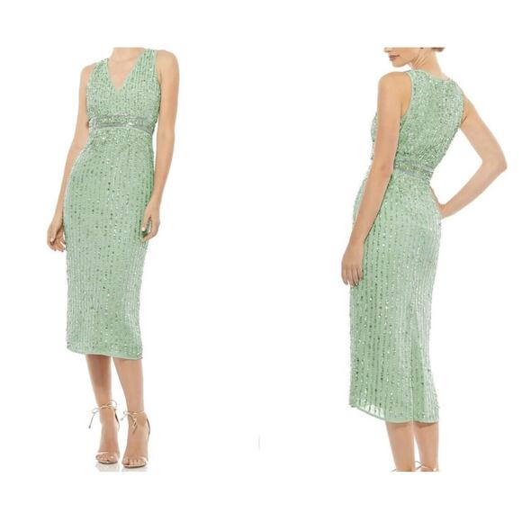 Mac Duggal Sage Green Full Bead Sequin Midi Dress Size 6 NEW #93606 Wedding Prom - Picture 1 of 13